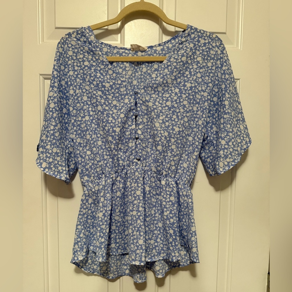 Sky Blue and White Floral Blouse